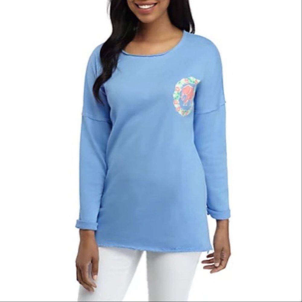 Crown & Ivy Elephant Raw Edge Tunic Shirt Periwinkle Blue Medium
